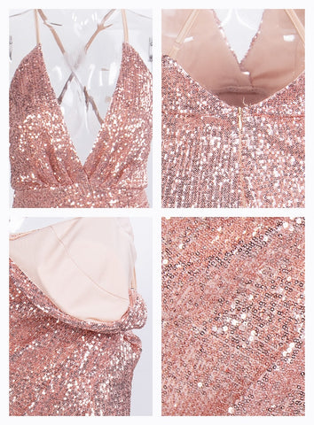 Sexy Rose Gold Ladies' Open Back V-neck Split Maxi Party Dress With Sequins