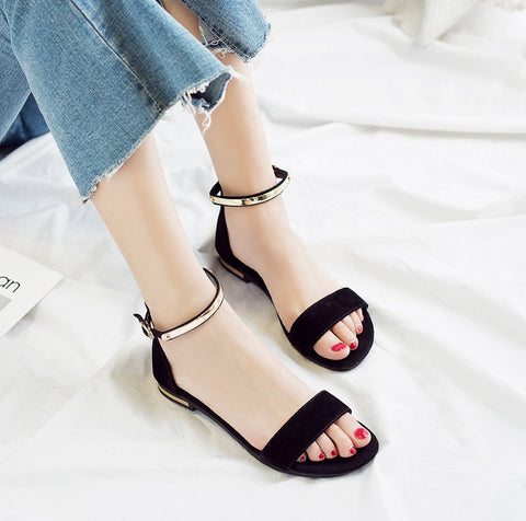 Genuine Leather Women Sandals Chunky Heels Summer Shoes Peep Toe Suede Shoes Black Buckle Bling Big Size - Sheseelady