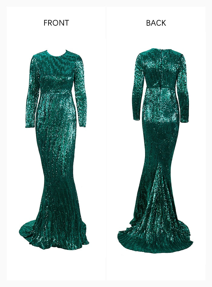 Flash Green O-Neck High Waist Fishtail Shape Pleated Sequined Stretchy Party Long Dress