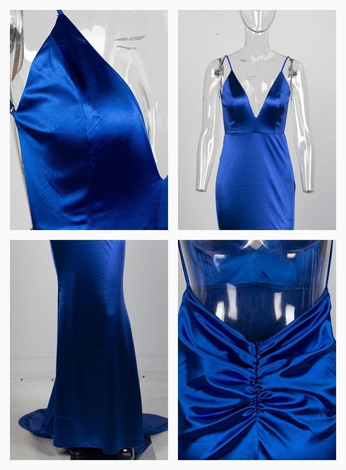 כחול עם צווארון עמוק כחול סקסי בגב פתוח חומר דק עם פלאש שמלה ארוכה כחולה לנשים