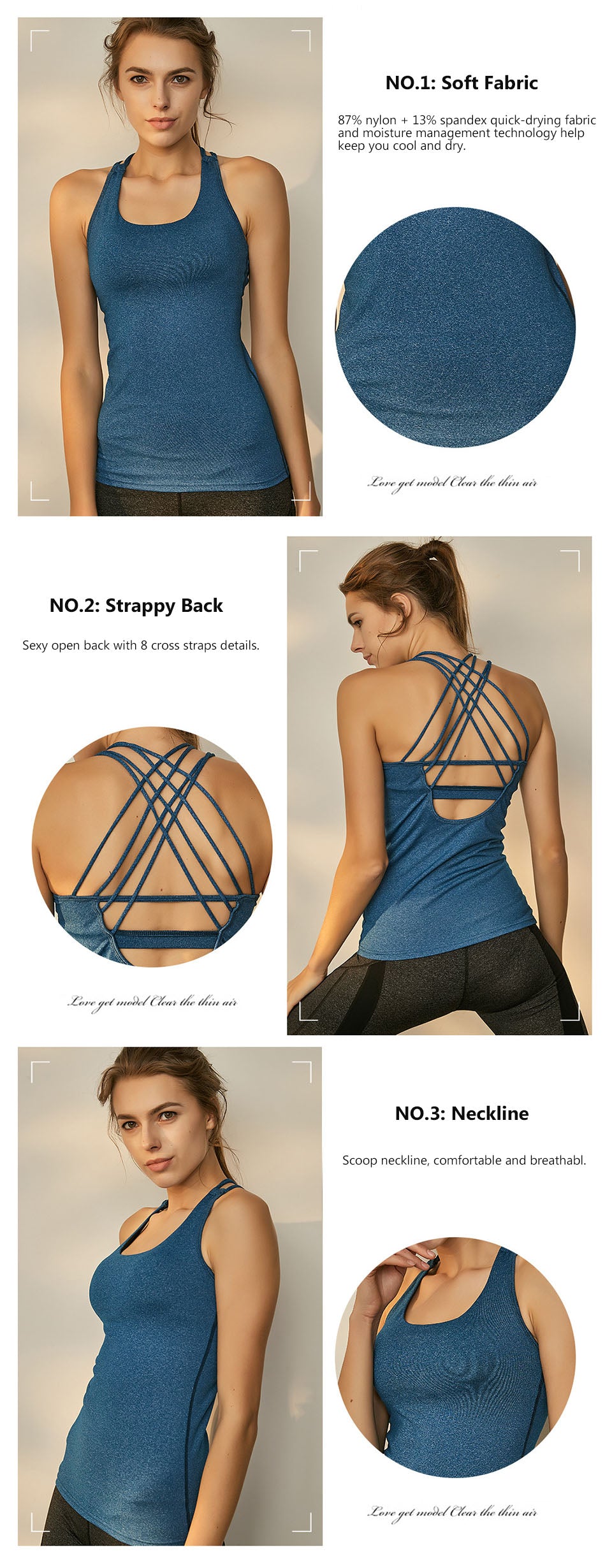 Dry Fit Crisscross Back Strappy Yoga Tops Blue Wourkout Clothes Activewear Built In Bra Gym Tank Tops For Women Running Shirts - Sheseelady