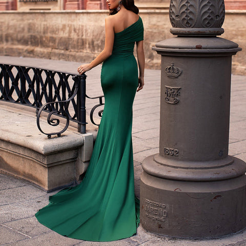 Summer Sexy Women's Off Shoulder High Split Maxi Dress Emerald Green