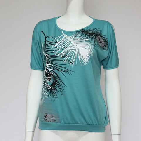 Casual Trendy Women's Feather Print O-neck Tops Of Short Sleeve Or Off Shoulder