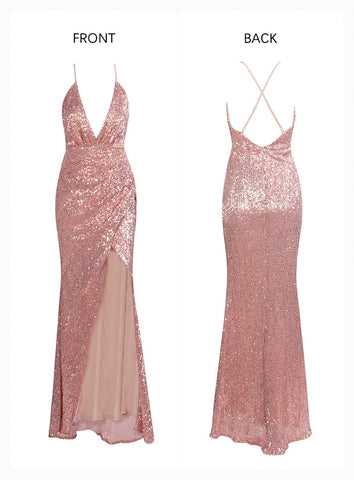 Sexy Rose Gold Ladies' Open Back V-neck Split Maxi Party Dress With Sequins