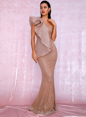 Sexy One Shoulder Ruffled Stitch Rose Gold Glitter Party Maxi Dress Femmes