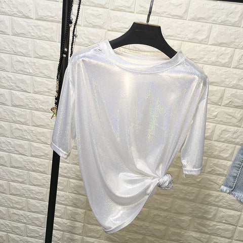 Summer Retro Shiny O-neck Loose Short-sleeve Solid Color T-Shirt For Female