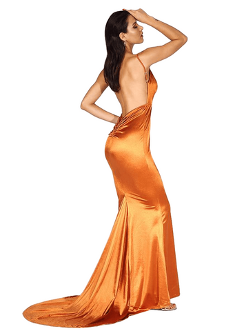 Décolleté en pointe profond orange sexy arrières longues femmes de robe minces ouvertes