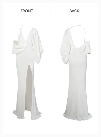 Robe de robe maxi de parti de fissure de paillettes de manche de 45 tours de décolleté en pointe blanche sexy