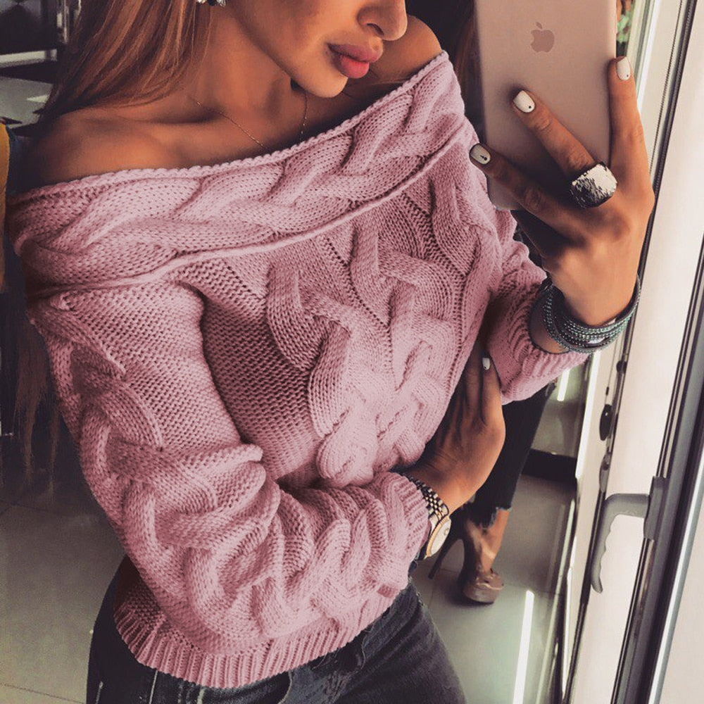 Missord 2019 Autumn and Winter Sexy  Slash Neck Long Sleeve Backless Pullovers Solid Color Sweater  FT19630