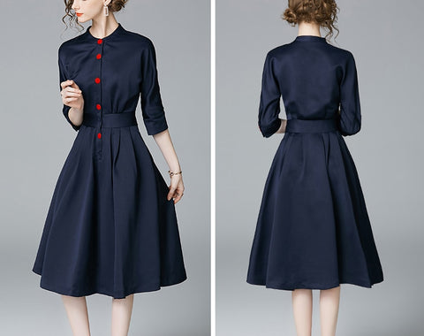 New Spring Autumn Vintage Dresses Women Slim 3/4 Sleeve A Line Office Wear Dress Elegant Laides Ol Work Business