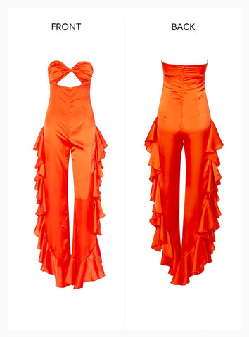 Sexy Orange Cut Out Tube Top & Side Slit Ruffled Jumpsuit For Ladies