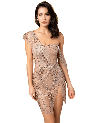 Cross Sling Style Sexy Female Rose Gold Party Dress Made Of Glitter Glued Material
