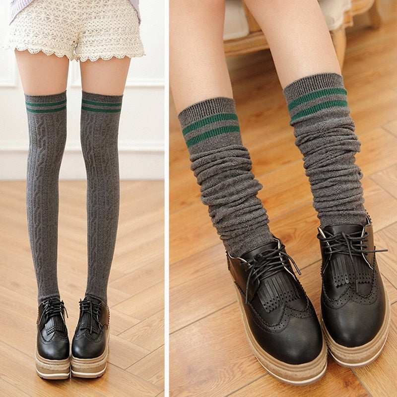 Long Stockings Women Cotton Warm Thigh High New Fashion Striped Knee Socks Sexy Over The Knee Stockings For Ladies - Sheseelady