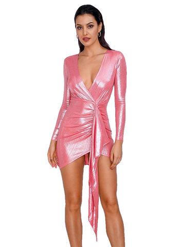 Sexy Pink Women's Deep V-neck Long Sleeve Pleated Reflective Dress With Ribbon