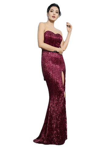 Sexy Wine Red Cut Out Fish Shaped Elastic Sequin Material Long Dress For Ladies