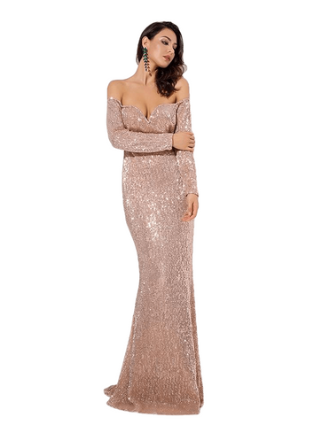 Gold Deep V Collar Long Sleeve Elastic Sequin Material Dress
