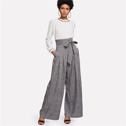 Elegant High Waist Self Belted Box Grey Loose Work Trousers Pants For Women'S