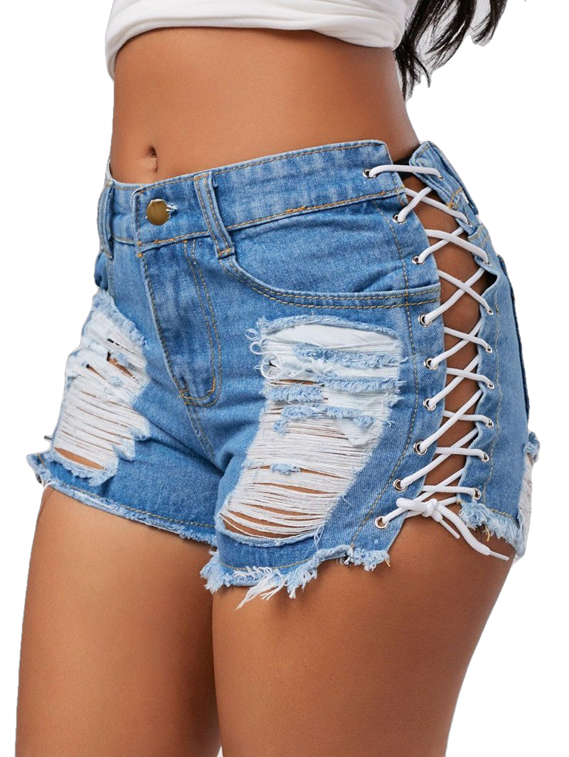Sexy Summer Women Denim High Waist Ripped Short Jeans Tassel Lace Up Bandage