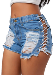 Sexy Summer Women Denim High Waist Ripped Short Jeans Tassel Lace Up Bandage