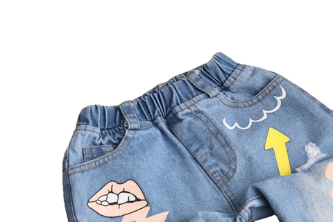 Fashionable Casual Girls' Elastic Waist Denim Pants With Cartoon Floral Print