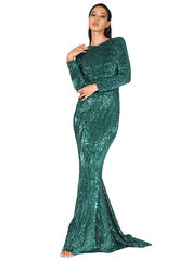 Flash Green O-Neck High Waist Fishtail Shape Pleated Sequined Stretchy Party Long Dress