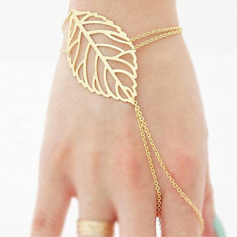 Gold Color Pulsars Muter Charm Hollow Leaves Bracelet With Finger Ring Hand Chain Harness For Women - Sheseelady