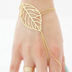 Gold Color Pulsars Muter Charm Hollow Leaves Bracelet With Finger Ring Hand Chain Harness For Women - Sheseelady