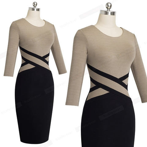 Vintage Elegant Women's O-neck Patchwork Bodycon Dress For Party Office