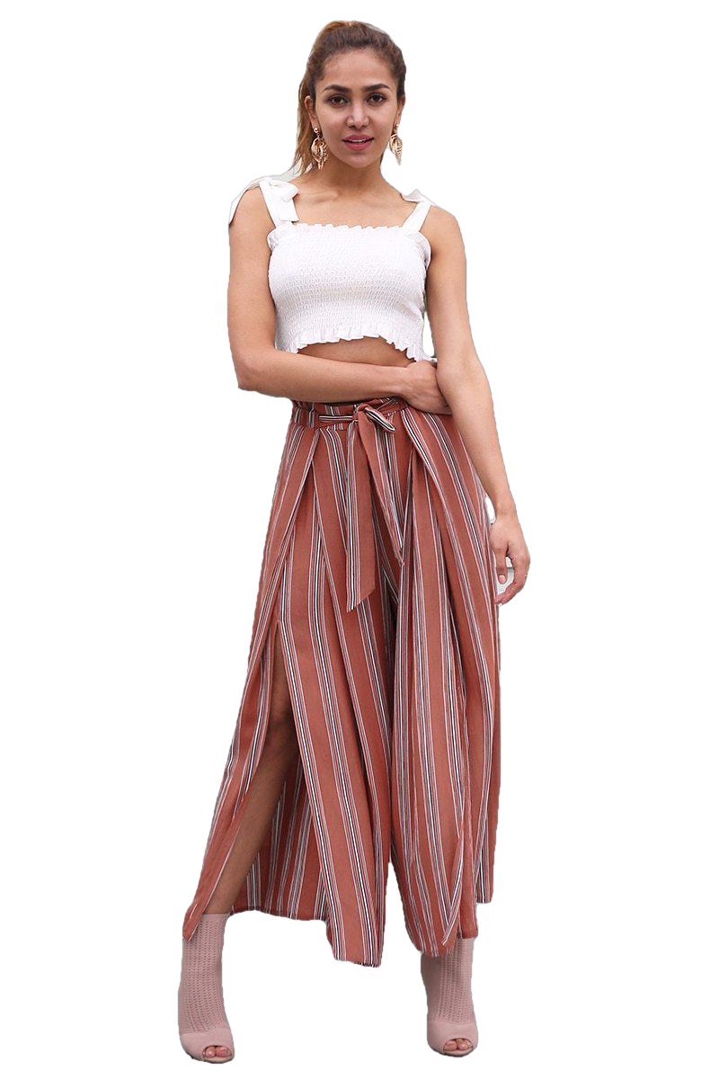 Summer Beach Split Striped Wide Leg High Waist Trousers For Women