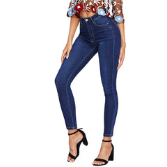 Casual Blue Dark Skinny High Waist Button Fly Denim Jeans For Women - Sheseelady