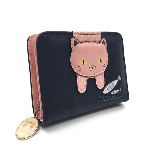 New Style Pu Leather Multi Function Cute Cat Wallet For Girls