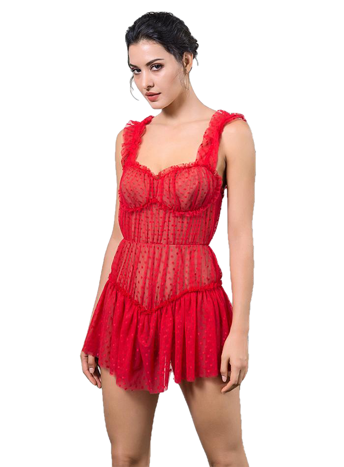 Sexy Red Dot Print Frilled Mesh Playsuit For Ladies