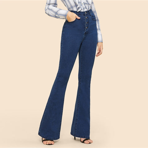 Vintage Ladies' Stretch Mid Waist Button-up Flared Denim Jeans Blue