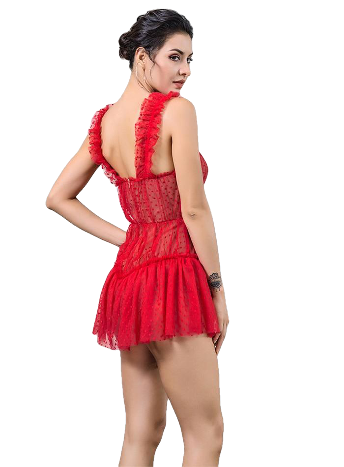 Sexy Red Dot Print Frilled Mesh Playsuit For Ladies