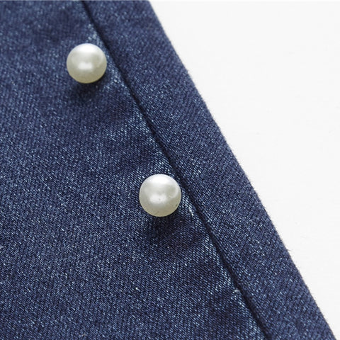 Vintage Bleu Perles Perles Casual Denim Jeans Poche Maigre Femmes
