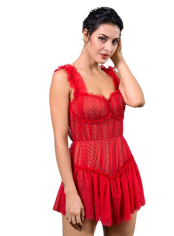 Sexy Red Dot Print Frilled Mesh Playsuit For Ladies