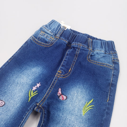 Flores suaves e bordados Stretchy Jeans Denim Pants For Kids Girls