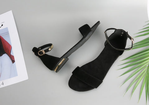 Genuine Leather Women Sandals Chunky Heels Summer Shoes Peep Toe Suede Shoes Black Buckle Bling Big Size - Sheseelady