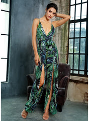 Casual Sexy Women's V-neck Split Jumpsuit With Leaf Print