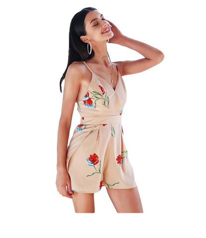 Boho Style Sexy Women's V-neck Backless Tie Up Playsuit With Floral Print