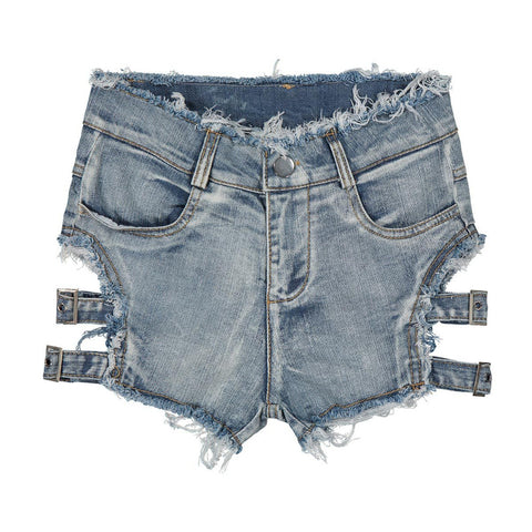Punk Rock Style Sexy Women's High Waist Hollow Out Denim Hot Shorts With Bandage