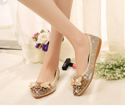 Sapatos baixos elegantes e confortáveis ​​de grife para mulheres de cristal feminino strass sapatos de abelha