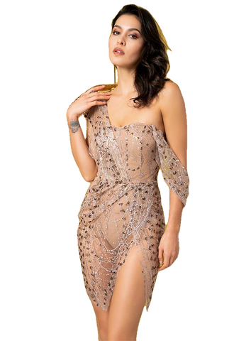 Sexy Rose Gold Straless Sling Cross Style Glitter Glued Material Party Vestido Para Fêmea