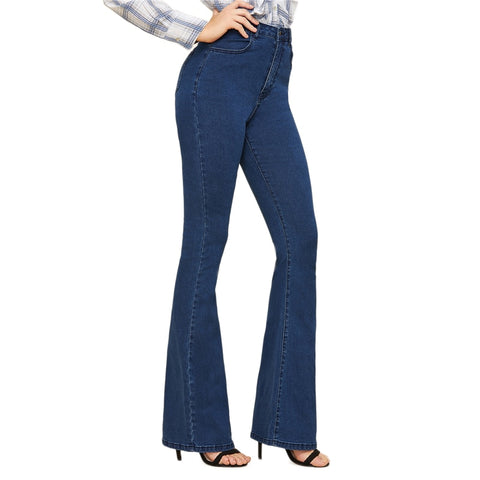 Vintage Trendy Femeal Mid Waist Solid Skinny Flared Jeans Blue