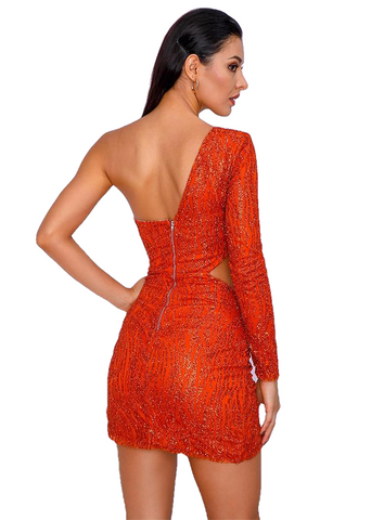 Sexy Orange Ladies' Cut Out Single Sleeve Bodycon Party Dress Of Glitter Glue Bead Material