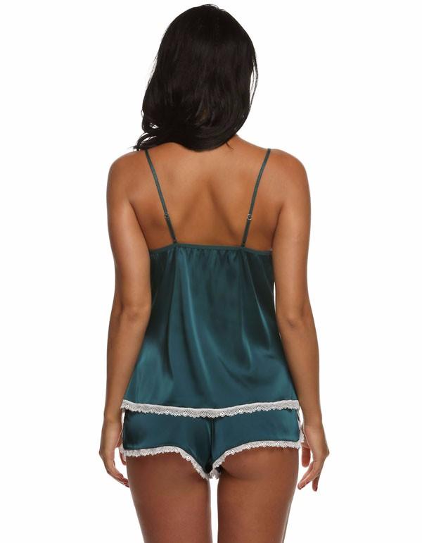 Women V-Neck Sleepwear Satin Pajama Spaghetti Strap Sexy Lace