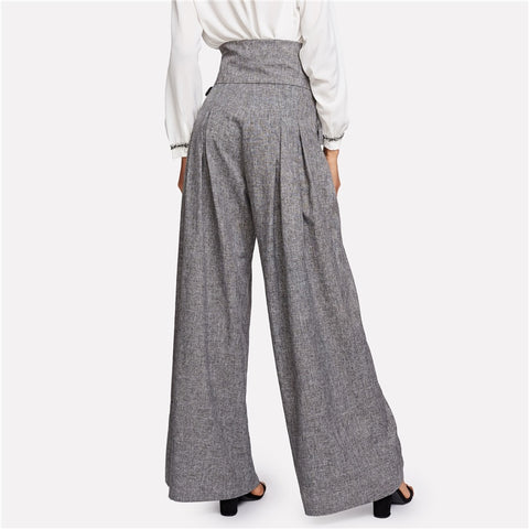 Elegant High Waist Self Belted Box Grey Loose Work Trousers Pants For Women'S