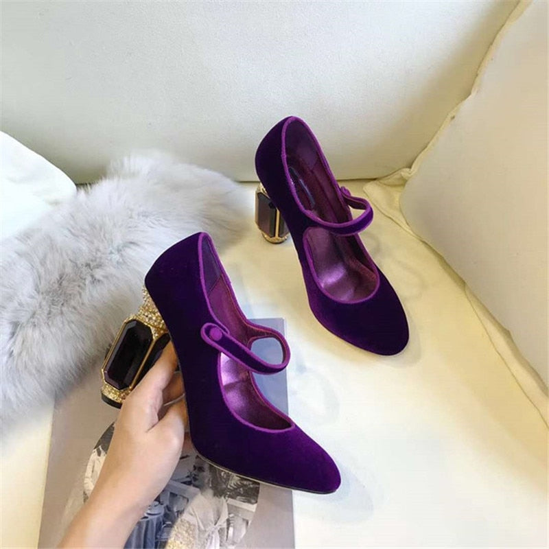 High Heel Shoes Woman Gemstone Heel Buckle Banquet Shoes Women Pumps Green Wine Red Velvet Zapatos Mujer - Sheseelady