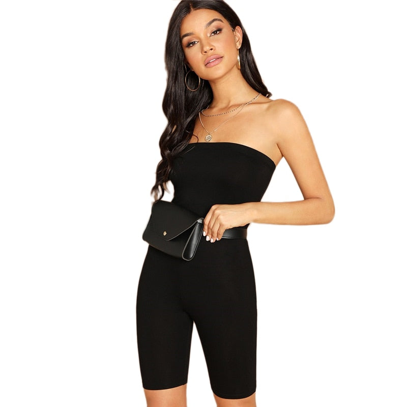 Sweatyrocks Preto Skinny Brilho Tubo Sem Alça Romper Mangas sem Mangas Streetwear Mulheres Bodycon Playsuits e Macacões