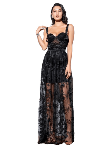 Sexy Black Sling Star Embroidery Sheer Mesh Long Dress For Women